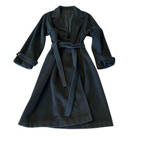 Vintage 70s Belted Coat Black 100% pure Wool Wrap Overcoat  USA Sz S Sears